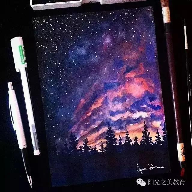 漂亮的水彩星空,冷色系的水彩星空简单