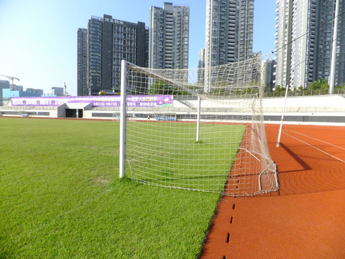 实拍深圳宝安体育馆足球场景观，有工人在维护有市民在跑步