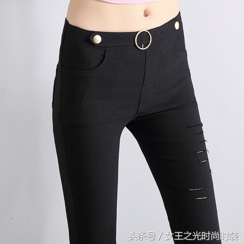 女士弹性破洞黑色牛仔喇叭裤,白色破洞微喇牛仔裤女春秋季