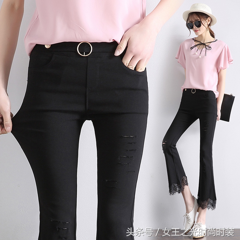 女士弹性破洞黑色牛仔喇叭裤,白色破洞微喇牛仔裤女春秋季