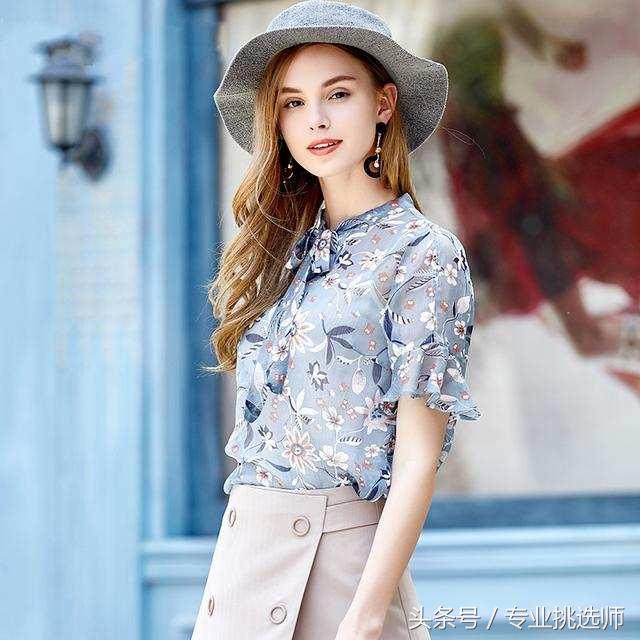 长袖雪纺衫上衣碎花时尚荷叶边,方领碎花雪纺衫荷叶边绑带短袖