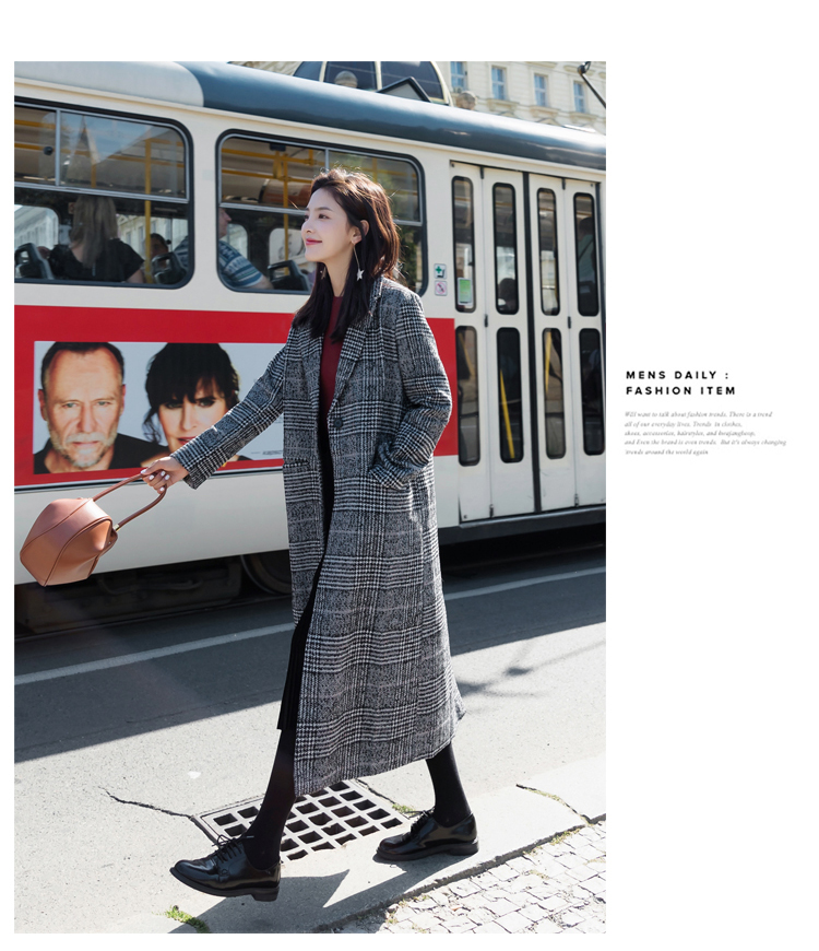 长款毛呢女外套，千鸟格加厚呢子大衣