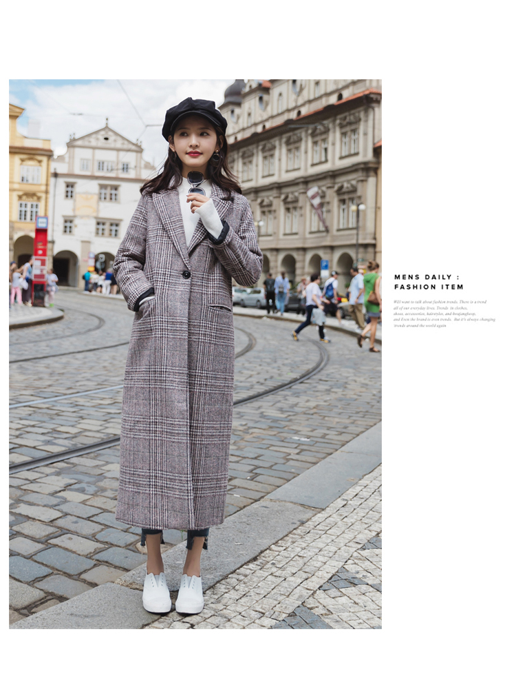 长款毛呢女外套，千鸟格加厚呢子大衣