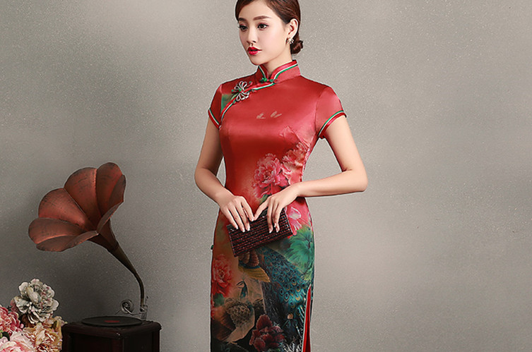 传统中式复古中长款优雅旗袍,中国风桑蚕丝复古高端旗袍