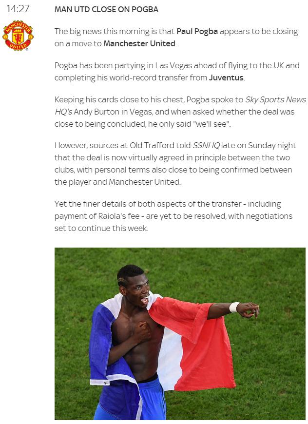 曼联vs比利亚雷亚尔博格巴,天空体育曼彻斯特