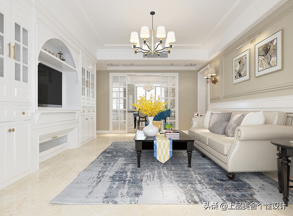 118平米美式风格，整面墙的电视柜大大提升了收纳空间