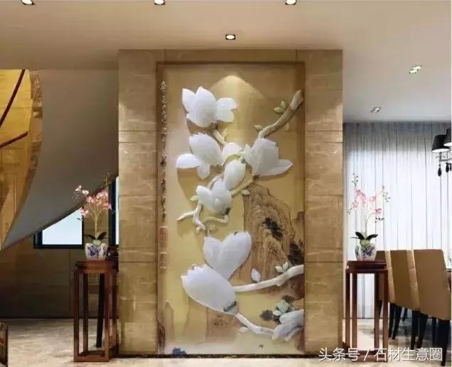 清水出芙蓉天然去雕饰木雕,鱼肚白石材背景墙现代简约