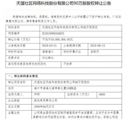 天涯论坛资金到达10亿,天涯论坛1000亿资产