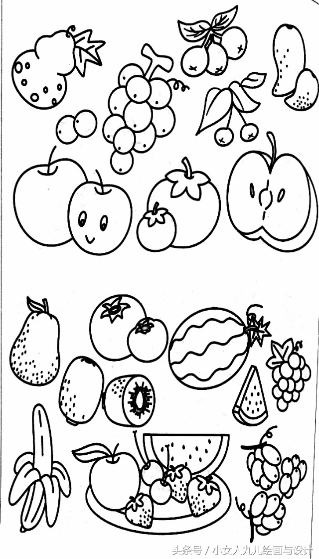 水果蔬菜简笔画线描组合,五六月应季水果和蔬菜简笔画