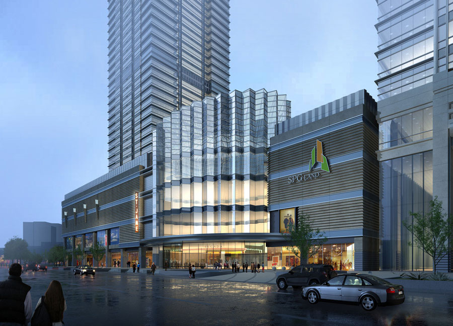 商场建筑外观效果图,三层框架式商场外观图