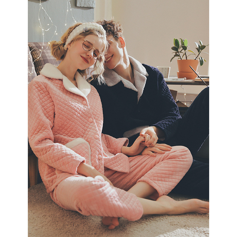 情侣睡衣秋冬珊瑚绒夹棉套装韩版家居服男纯棉长袖100%全棉加厚女