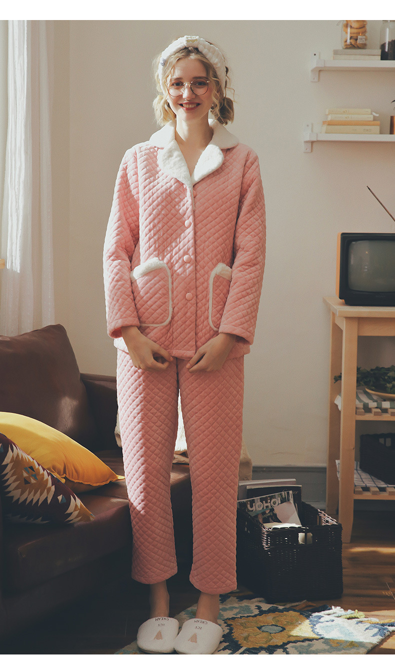 情侣睡衣秋冬珊瑚绒夹棉套装韩版家居服男纯棉长袖100%全棉加厚女