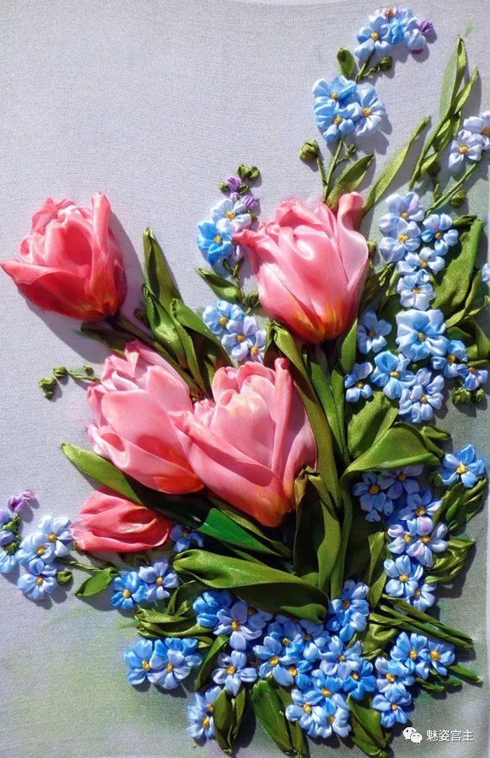 丝带绣盘结玫瑰花绣法图解,丝带绣图案教程牡丹