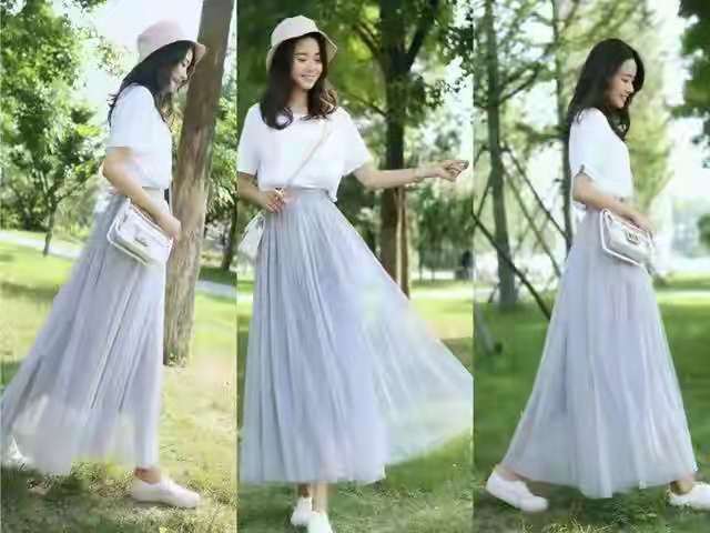 时尚夏季t恤半身裙套装,白色纱裙搭什么颜色的t恤好看