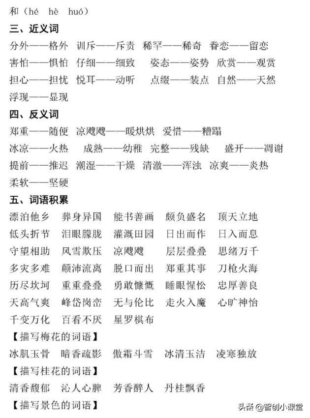 五年级1至8单元语文核心考点清单,五年级语文下必背知识点