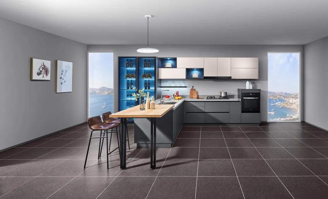 厨房直角吧台和推拉门一体效果图,厨房吧台极简设计效果图最新款