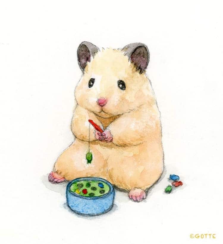 生活里可爱的小仓鼠,水彩颜料画可爱的仓鼠