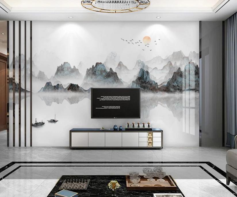 新中式石材背景墙效果图,新中式灰色瓷砖乳胶漆电视背景墙