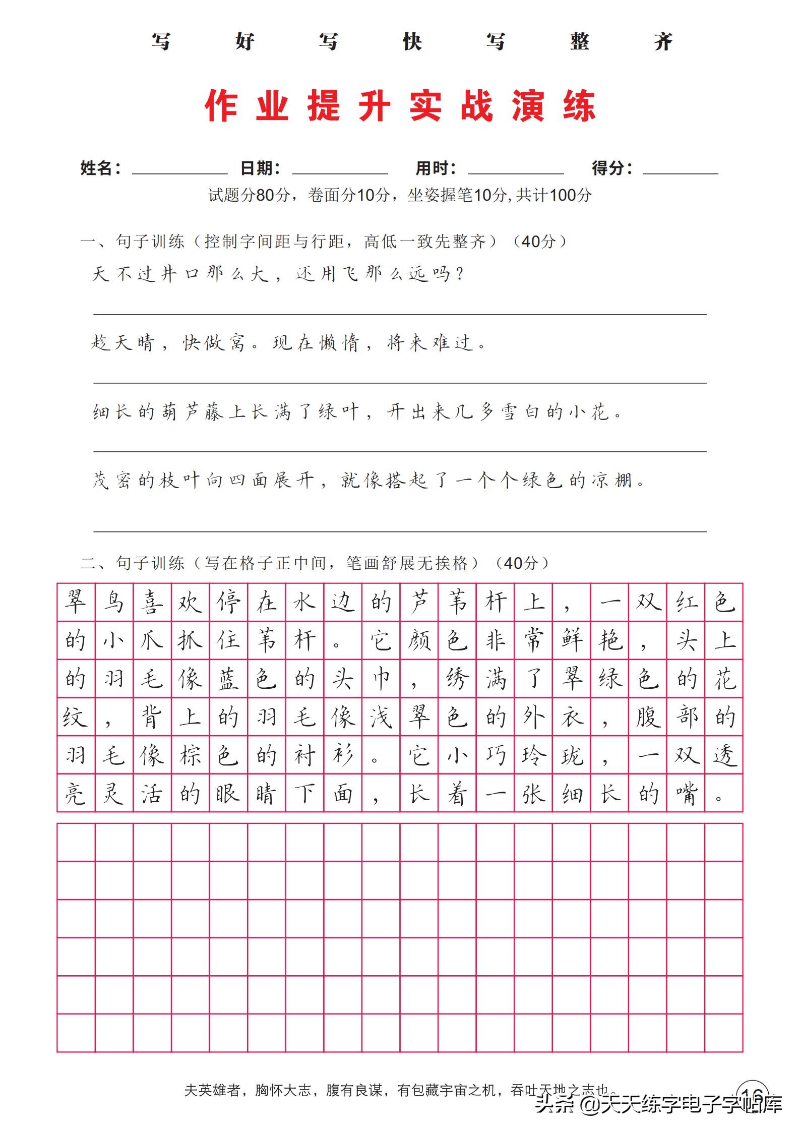硬笔提升练习,作业提升训练
