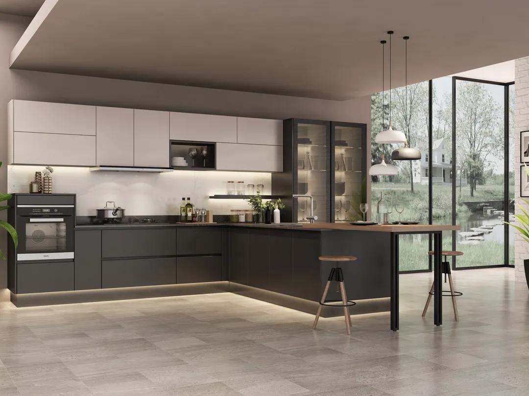 厨房设计吧台最新款,厨房直角吧台和推拉门一体效果图