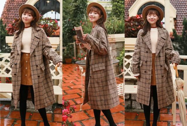 格子大衣搭配女秋冬气质时尚穿搭,膝盖以上的格子大衣搭配裙子