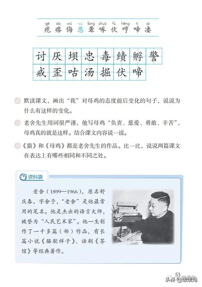 四年级下册第13课小练笔仿写母鸡,四年级下册14课母鸡的预习完整版