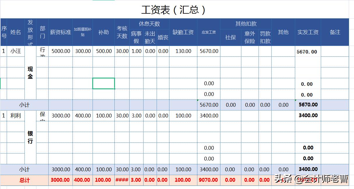 自带公式工资表excel模板,工资报表模板excel的做法