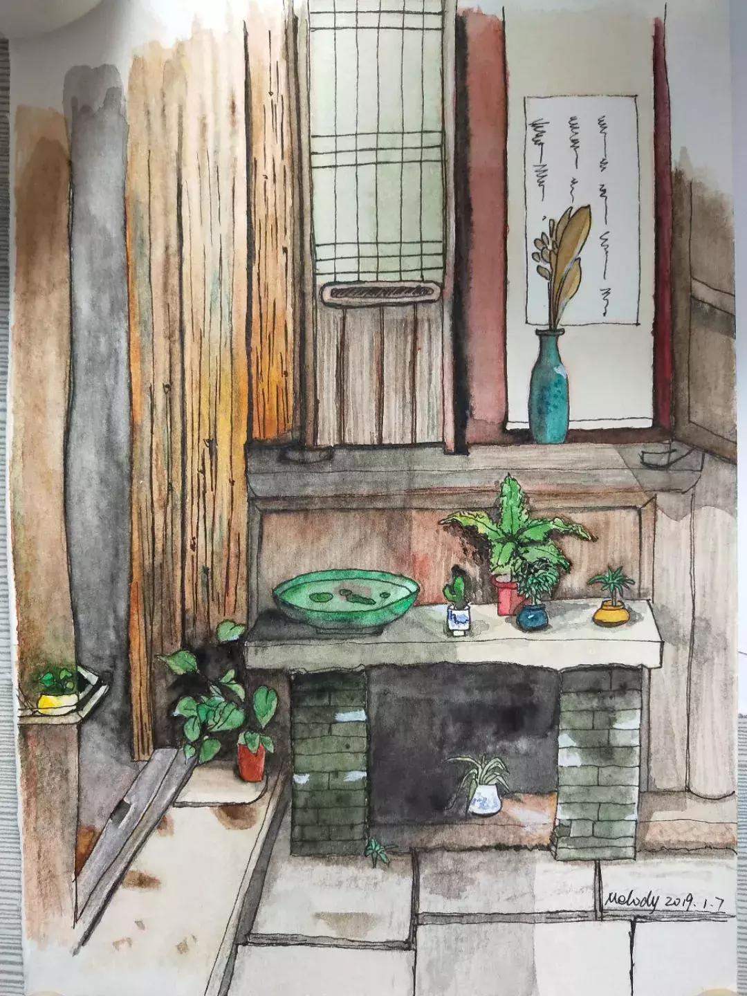 水彩画古风山脚下的小屋超简单,水彩画手绘清新又宁静的田园生活