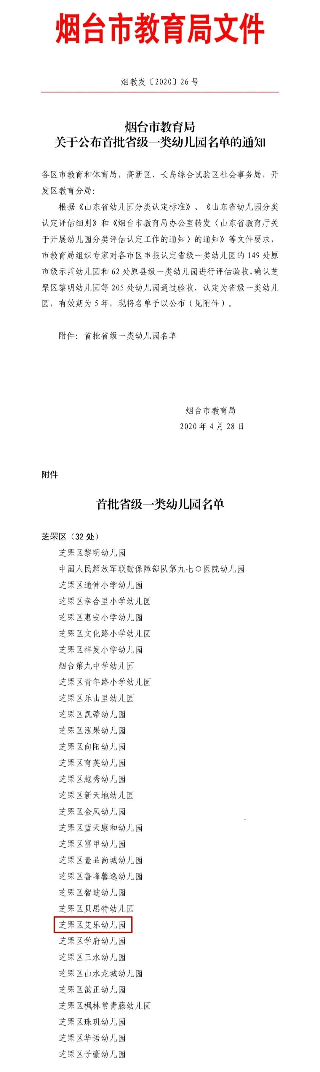 热烈祝贺烟台市芝罘区艾乐幼儿园被评为省级一类幼儿园