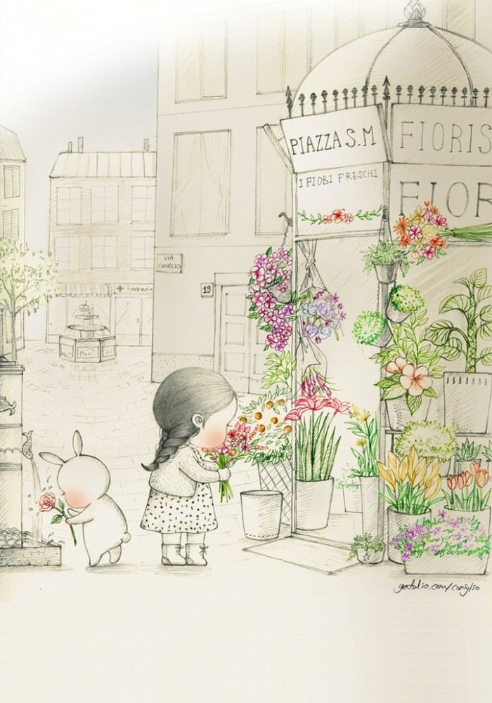 少女与兔子插画,兔子手绘创意插画