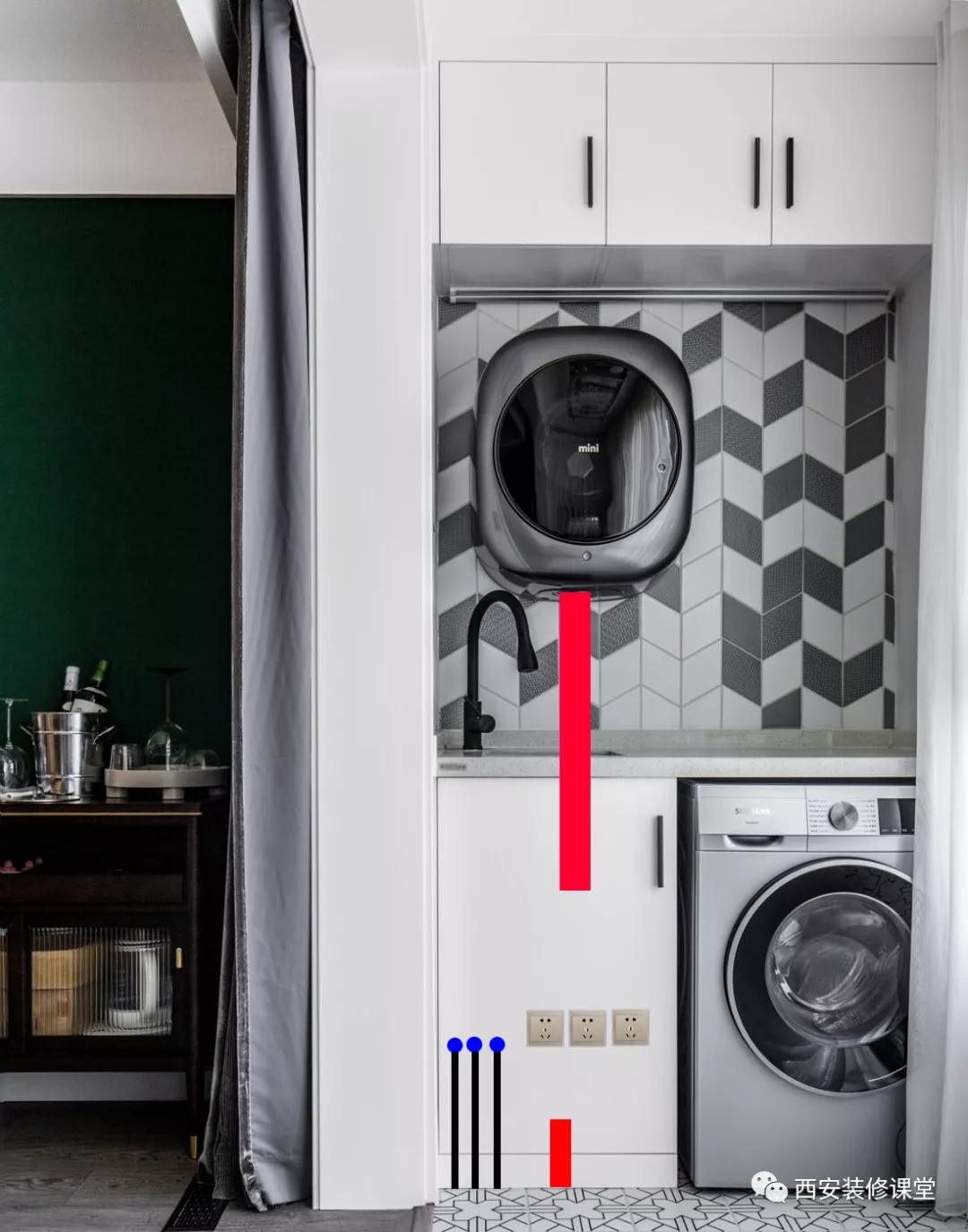 阳台洗衣机水池水电安装,洗烘分体机叠放阳台如何布置水电