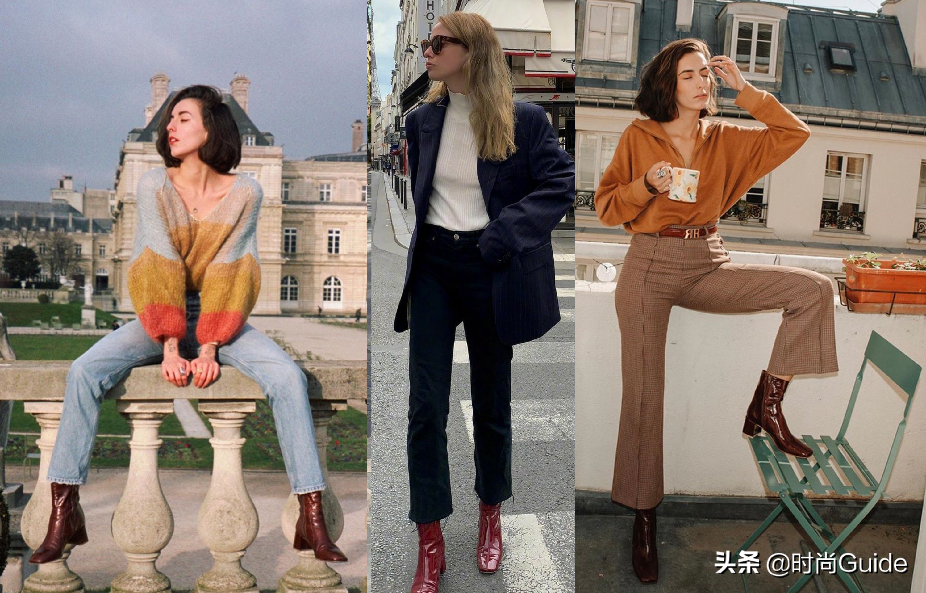 棕色靴子搭配红色小香风,复古深棕色和烟灰色靴子好搭吗