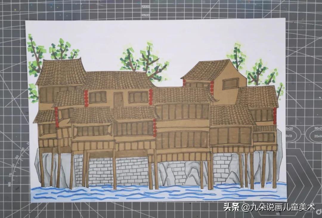 简单好看的手绘墙画儿童,创意儿童画苗族吊脚楼