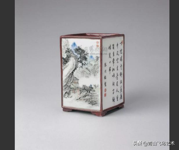 清代晚期青花八仙笔筒真品图大全,粉彩山水民居笔筒赏析