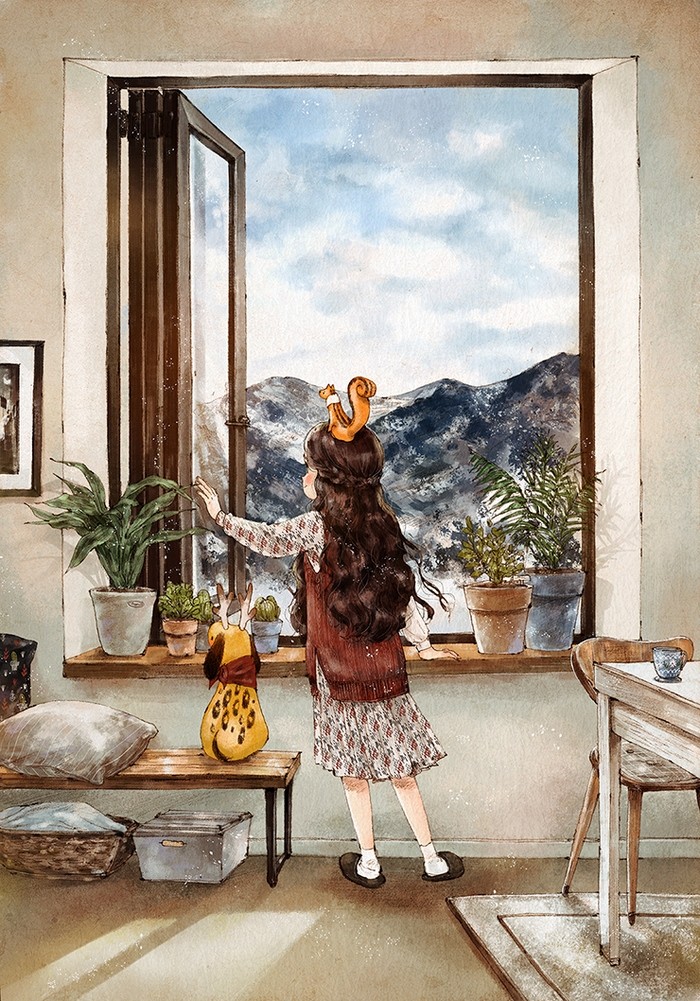 韩国插画师森林女孩日记图文,水彩插画森林女孩日记