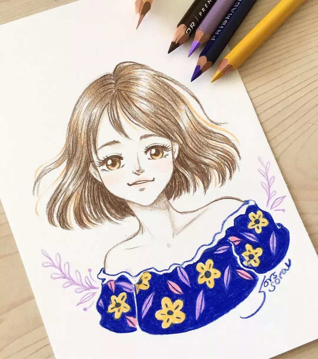 彩铅画古风人物简笔画,彩铅荷花简笔画几分钟就能学会