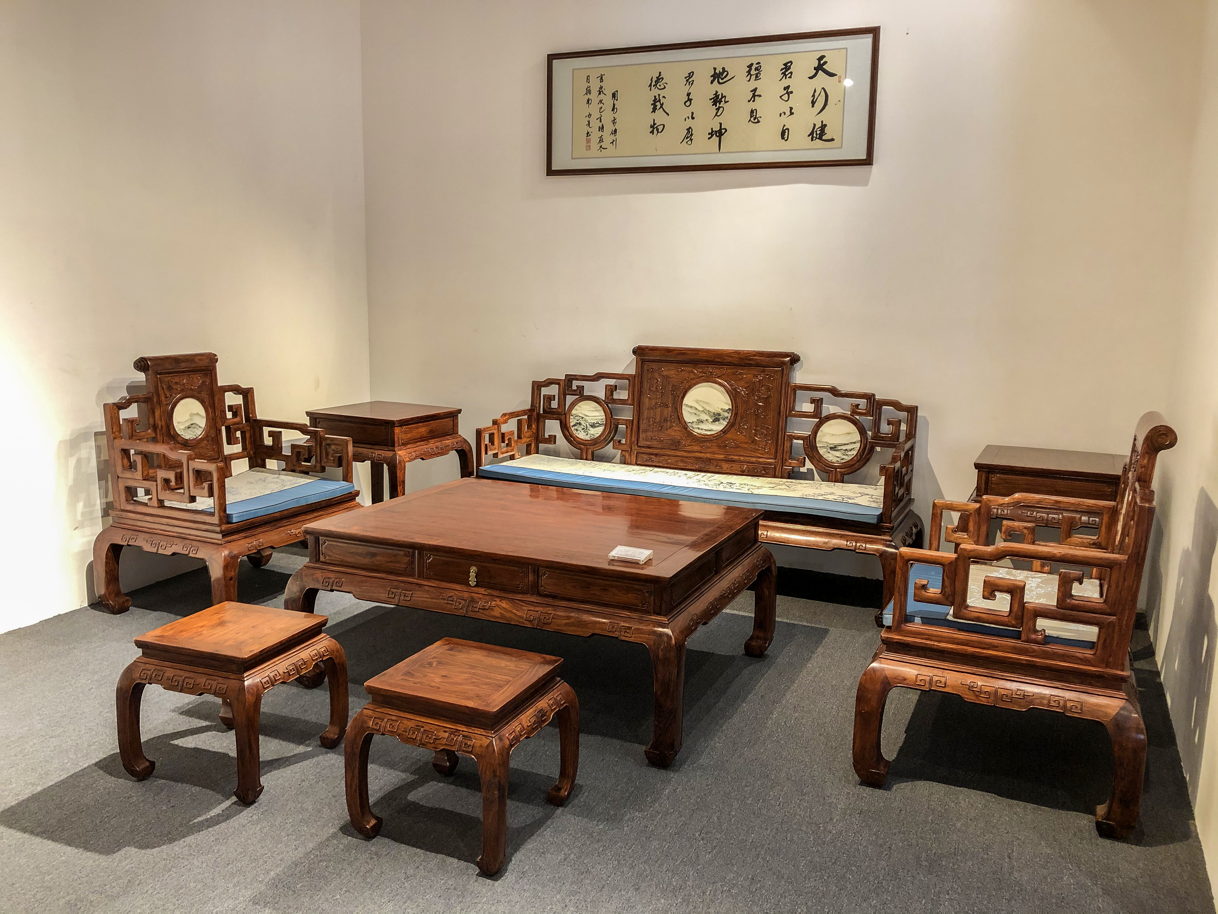 精品黄花梨云石沙发十二件套,海南黄花梨雕刻红木沙发