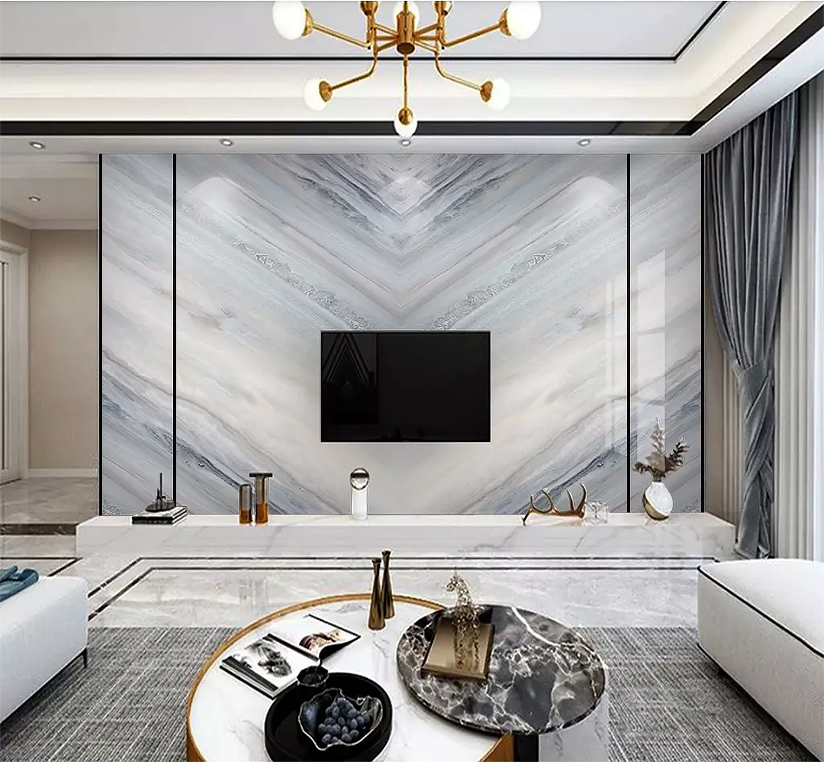 新中式风格瓷砖石材艺术背景墙,大理石瓷砖背景墙效果图