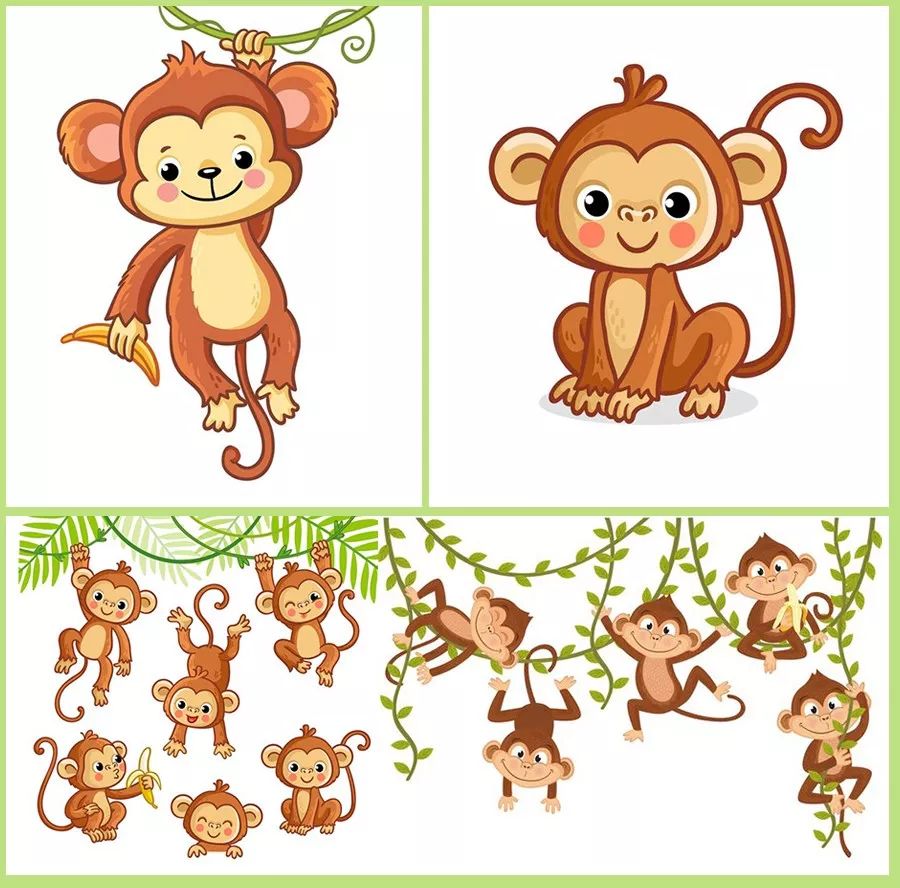 儿童画森林中的大树和猴子,儿童画森林里面的小动物