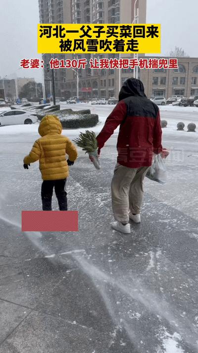 河北一父子出门被风雪吹着走,河北父子出门被风吹着走