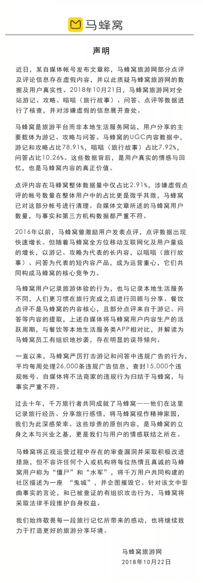 马蜂窝被指抄袭竞品1800万条点评，马蜂窝最新回应