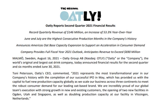 “燕麦奶第一股”Oatly首份季报：净亏损5910万美元