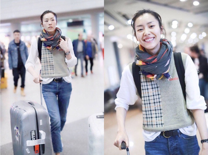 刘雯穿小香风马甲,刘雯笑脸围巾