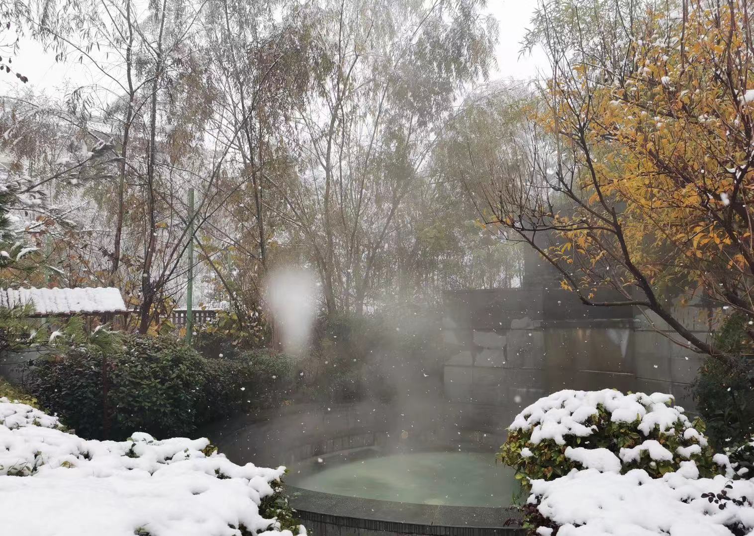 冬日温泉休闲惬意,寒冬室外温泉