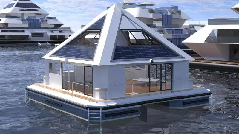 他在海上，建了一栋水上“金字塔”，里面有豪宅，还有飞碟