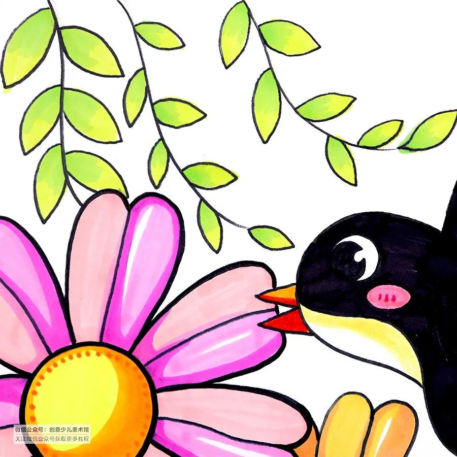 创意儿童画花丛中飞舞的蝴蝶,花丛中飞来一只燕子儿童画