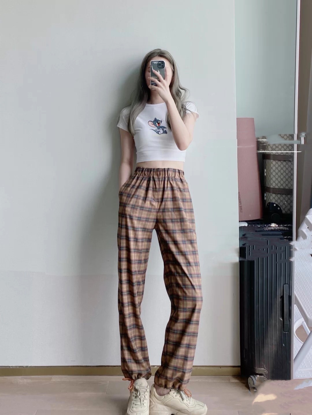 最近很火的格子裤夏天,宽松裤子慵懒风高级感格子裤