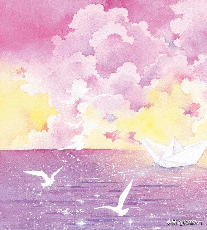 用水彩颜料画天空还有云朵,有手就能画的绘画