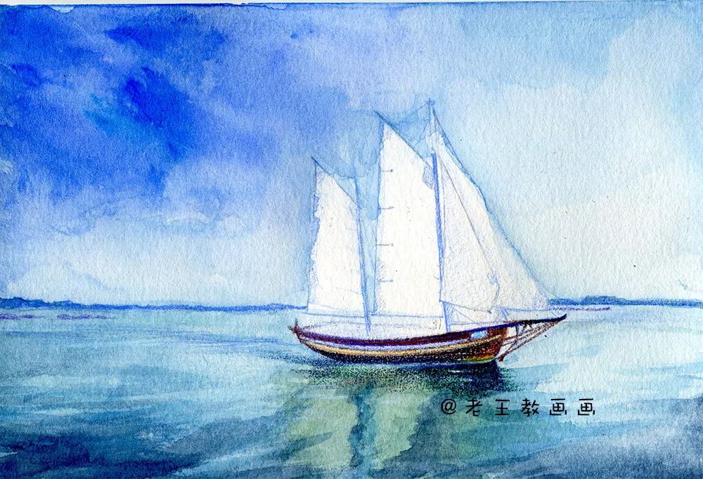 水彩教程来了，教你画海洋，天空和帆船