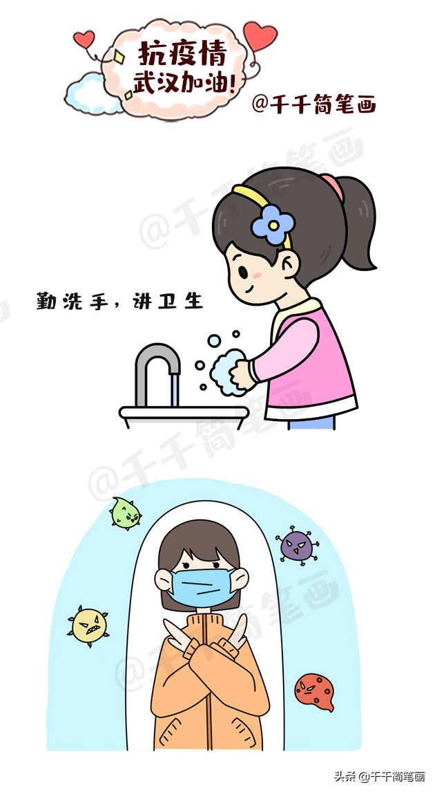 简笔画冠状病毒儿童画,抗击新型冠状病毒手绘画儿童黑白